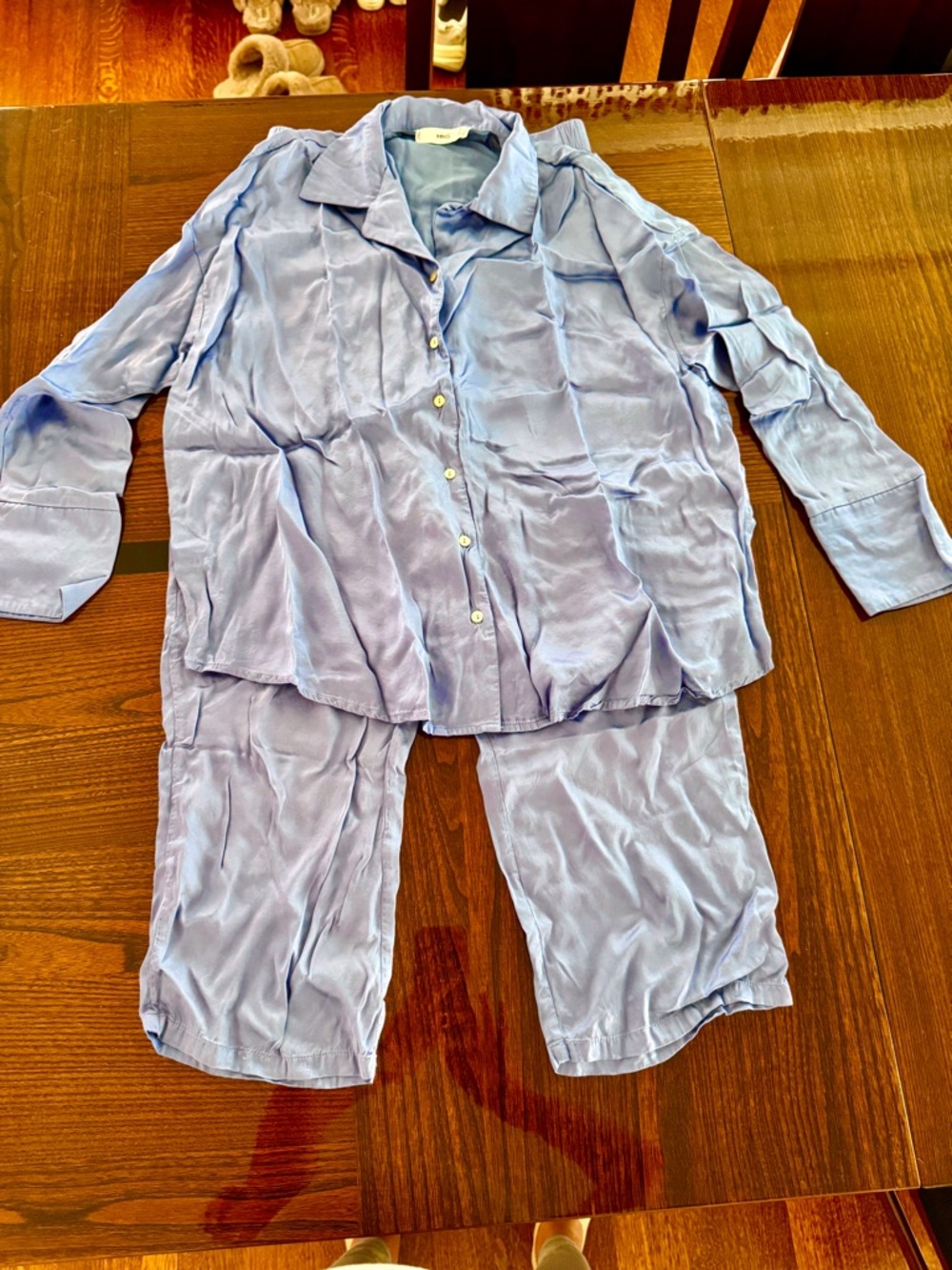 Mango Light Blue Satin Pajama Set Button-Up Top & Pants